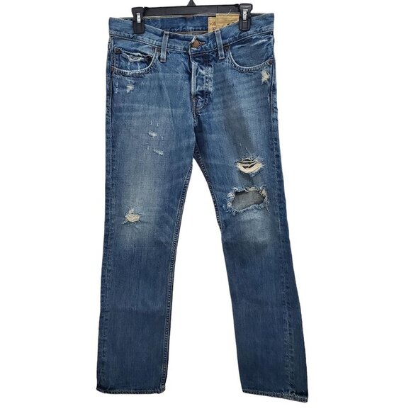 Hollister Men's‎ Medium Wash Destroyed Ripped Button Fly Skinny Jeans Size 30x30 - Picture 1 of 11